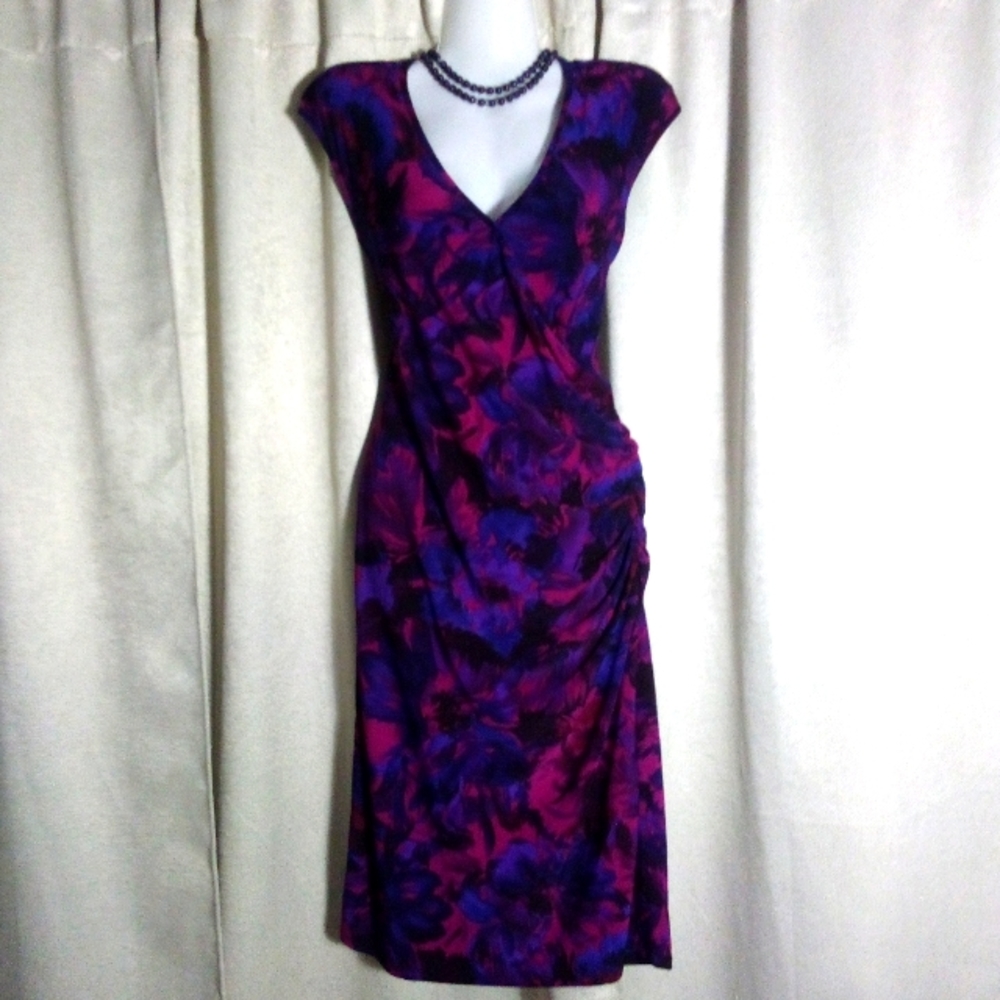 Chaps Sleeveless Floral Faux Wrap Dress Purple and Blue Size S